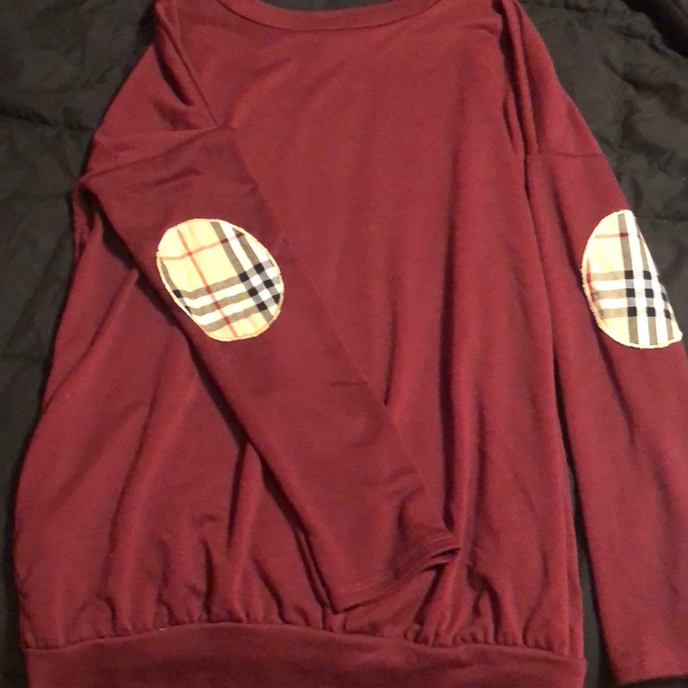 Burgundy top with elbow patches